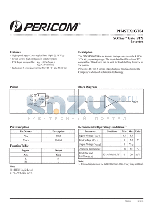 PI74STX1GT04TX datasheet - SOTiny Gate STX Inverter