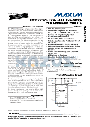MAX5971B datasheet - Single-Port, 40W, IEEE 802.3af/at, PSE Controller with I2C