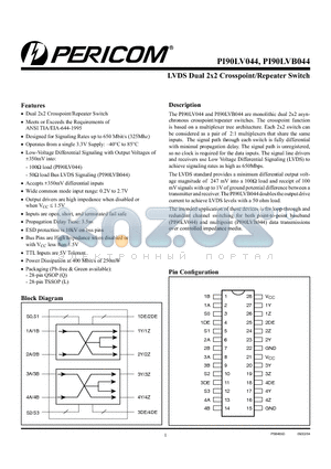 PI90LVB044Q datasheet - LVDS Dual 2x2 Crosspoint/Repeater Switch