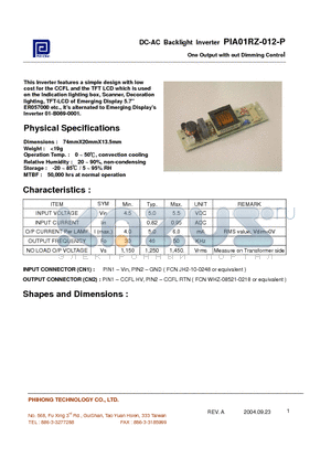 PIA01RZ-012-P datasheet - One Output with out Dimming Control