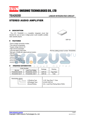 TEA2025D-S20-R datasheet - STEREO AUDIO AMPLIFIER