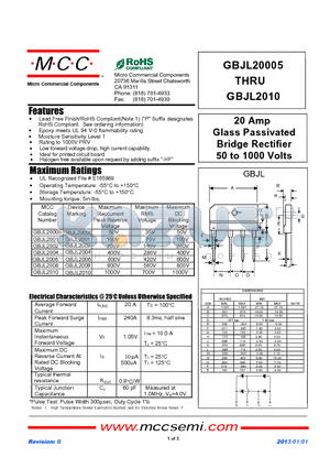 GBJL2008 datasheet - 20 Amp Glass Passivated Bridge Rectifier 50 to 1000 Volts