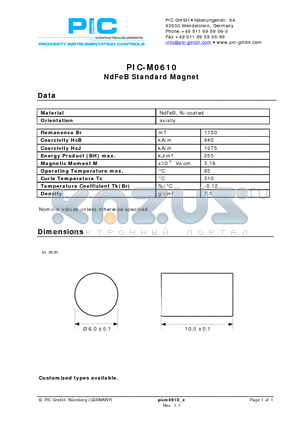 PIC-M0610 datasheet - NdFeB Standard Magnet