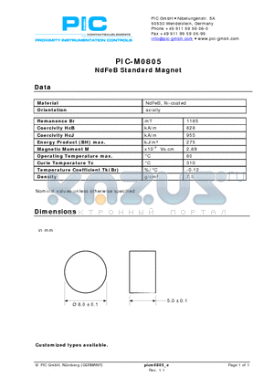 PIC-M0805 datasheet - NdFeB Standard Magnet