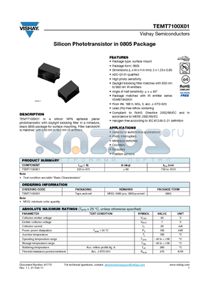 TEMT7100X01 datasheet - Silicon Phototransistor in 0805 Package