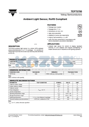 TEPT5700_08 datasheet - Ambient Light Sensor, RoHS Compliant