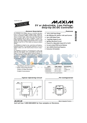 MAX608 datasheet - 5V or Adjustable, Low-Voltage, Step-Up DC-DC Controller