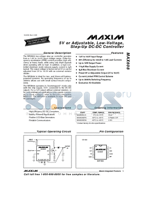 MAX608EPA datasheet - 5V or Adjustable, Low-Voltage, Step-Up DC-DC Controller