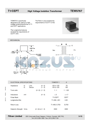 TEW5767 datasheet - T1/CEPT High Voltage Isolation Transformer