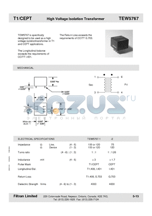 TEW5767-1 datasheet - T1/CEPT High Voltage Isolation Transformer