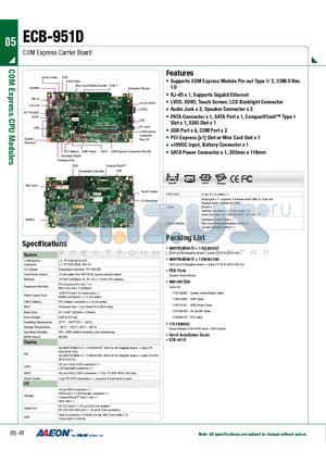 TF-ECB-951D-A10 datasheet - Supports COM Express Module Pin-out Type 1/ 2, COM.0 Rev.1.0