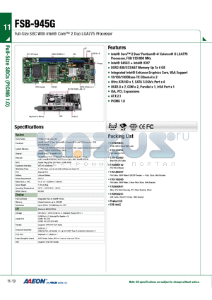 TF-FSB-945G-A10-VG datasheet - Full-Size SBC With Intel Core 2 Duo LGA775 Processor