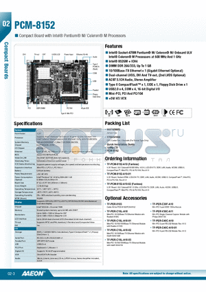 TF-PCM-8152-A10 datasheet - Intel^ Socket-478M Pentium^ M/ Celeron^ M/ Onboard ULV Intel^ Celeron^ M Processors at 600 MHz And 1 GHz