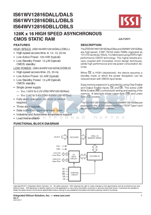 IS61WV12816DALL/DALS datasheet - 128K x 16 HIGH SPEED ASYNCHRONOUS CMOS STATIC RAM