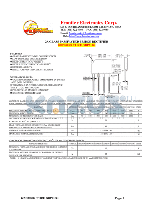 GBP208G datasheet - 2A GLASS PASSIVATED BRIDGE RECTIFIER