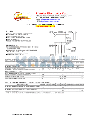 GBP210 datasheet - 2A GLASS PASSIVATED BRIDGE RECTIFIER