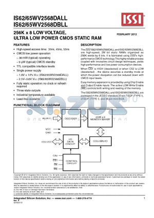 IS62/65WV2568DALL datasheet - 256K x 8 LOW VOLTAGE, ULTRA LOW POWER CMOS STATIC RAM