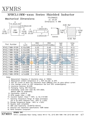 XFHCL11MM-R33M datasheet - MEASUREMENT FREQUENCY OF INDUCTANCE VALUE: AT 100KHz