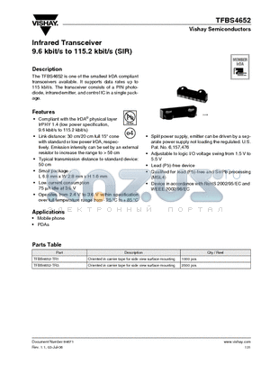 TFBS4652 datasheet - Infrared Transceiver 9.6 kbit/s to 115.2 kbit/s (SIR)