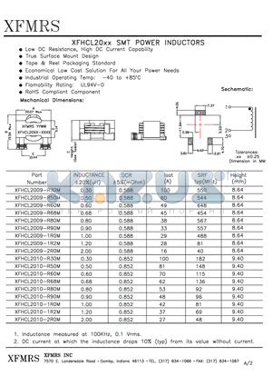 XFHCL2009-1R2M datasheet - SMT POWER INDUCTORS Low DC Resistance, High DC Current Capability