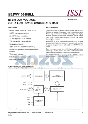 IS62WV10248BLL datasheet - 1M x 8 LOW VOLTAGE, ULTRA LOW POWER CMOS STATIC RAM