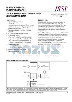 IS62WV20488ALL-35MI datasheet - 2M x 8 HIGH-SPEED LOW POWER CMOS STATIC RAM