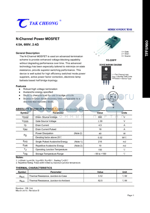 TFF5N60 datasheet - N-Channel Power MOSFET 4.5A, 600V, 2.4Y