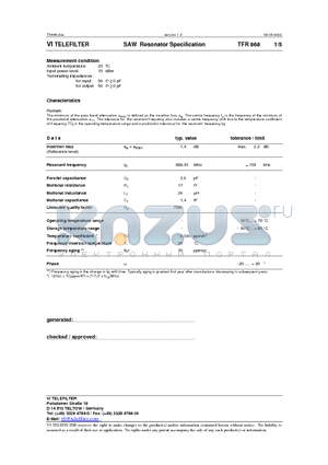 TFR868 datasheet - SAW Resonator Specification