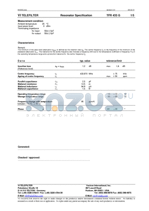 TFR433G datasheet - Resonator Specification