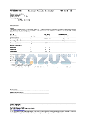 TFR433N datasheet - Preliminary Resonator Specification