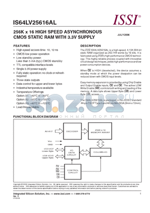 IS64LV25616AL datasheet - 256K x 16 HIGH SPEED ASYNCHRONOUS CMOS STATIC RAM WITH 3.3V SUPPLY