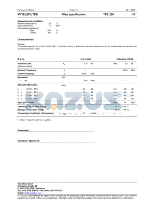 TFS256 datasheet - Filter specification