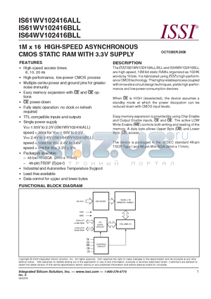 IS64WV102416BLL datasheet - 1M x 16 HIGH-SPEED ASYNCHRONOUS CMOS STATIC RAM WITH 3.3V SUPPLY