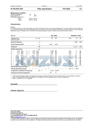 TFS345A datasheet - Filter specification