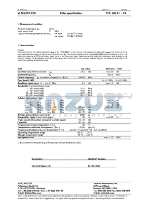 TFS420A1 datasheet - Filter specification