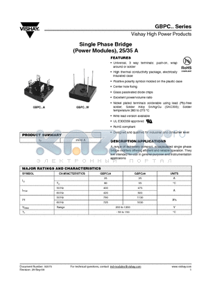 GBPC2512A datasheet - Single Phase Bridge (Power Modules), 25/35 A