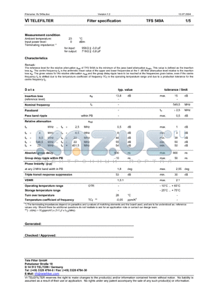 TFS549A datasheet - Filter specification