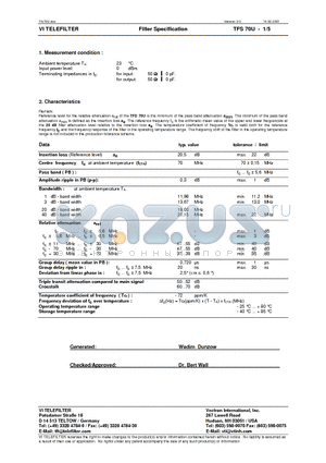 TFS70U datasheet - Filter Specification