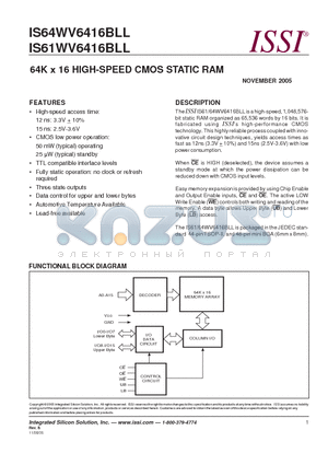 IS64WV6416BLL-15TLA3 datasheet - 64K x 16 HIGH-SPEED CMOS STATIC RAM