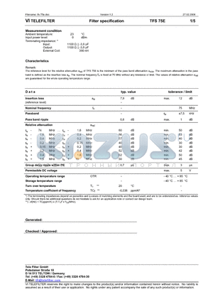 TFS75E datasheet - Filter specification