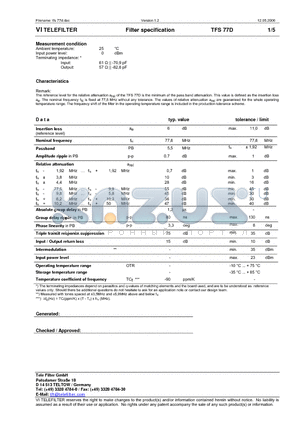 TFS77D datasheet - Filter specification