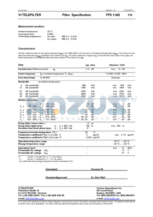 TFS110D datasheet - Filter Specification