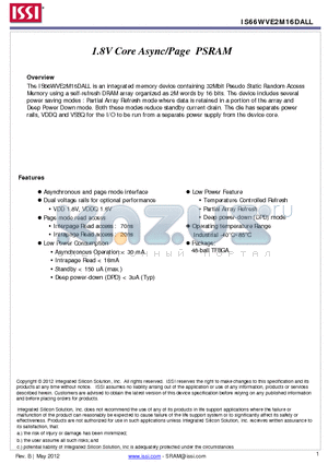 IS66WVE2M16DALL-70BLI datasheet - 1.8V Core Async/Page PSRAM