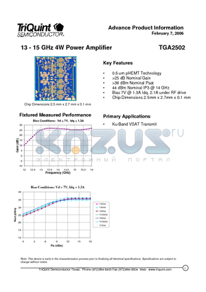 TGA2502 datasheet - 13 - 15 GHz 4W Power Amplifier