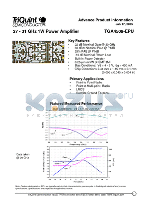 TGA4509-EPU datasheet - 27 - 31 GHz 1W Power Amplifier