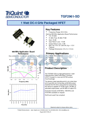 TGF2961-SD datasheet - 1 Watt DC-4 GHz Packaged HFET