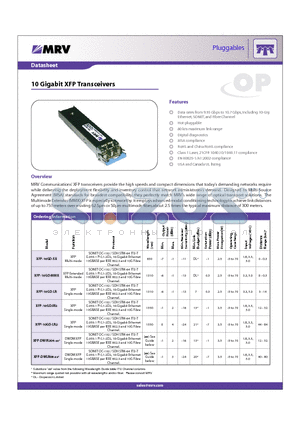 XFP-DWIR204 datasheet - 10 Gigabit XFP Transceivers