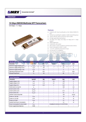 XFP-DWLR08P datasheet - 10 Gbps DWDM Multirate XFP Transceivers