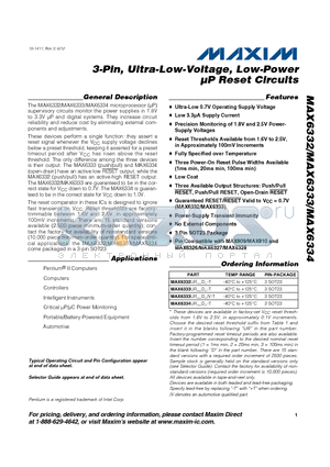 MAX6332 datasheet - 3-Pin, Ultra-Low-Voltage, Low-Power lP Reset Circuits