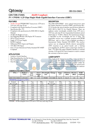 GBS-7250-C290G datasheet - 5V / CWDM / 1.25 Gbps Single-Mode Gigabit Interface Converter (GBIC)